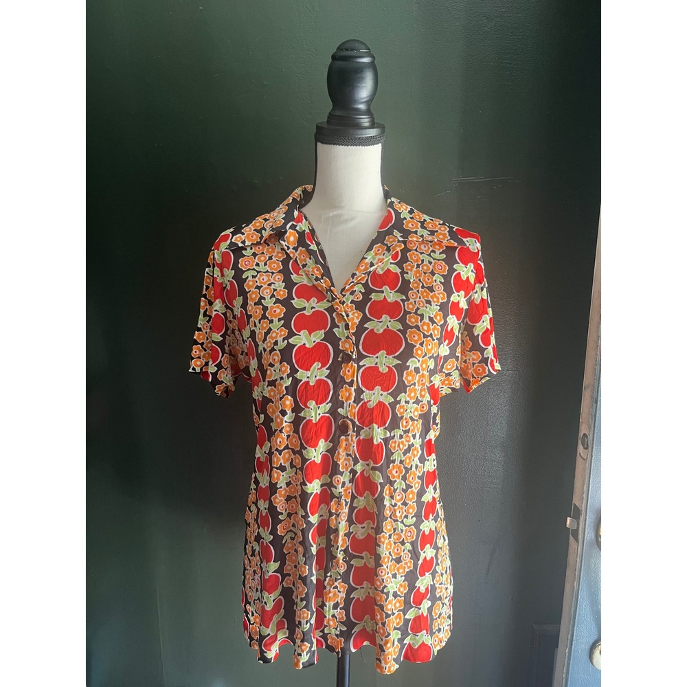 Vintage Eileen Pennington 70s Apple Floral Print Button Up Shirt Red Orange 34